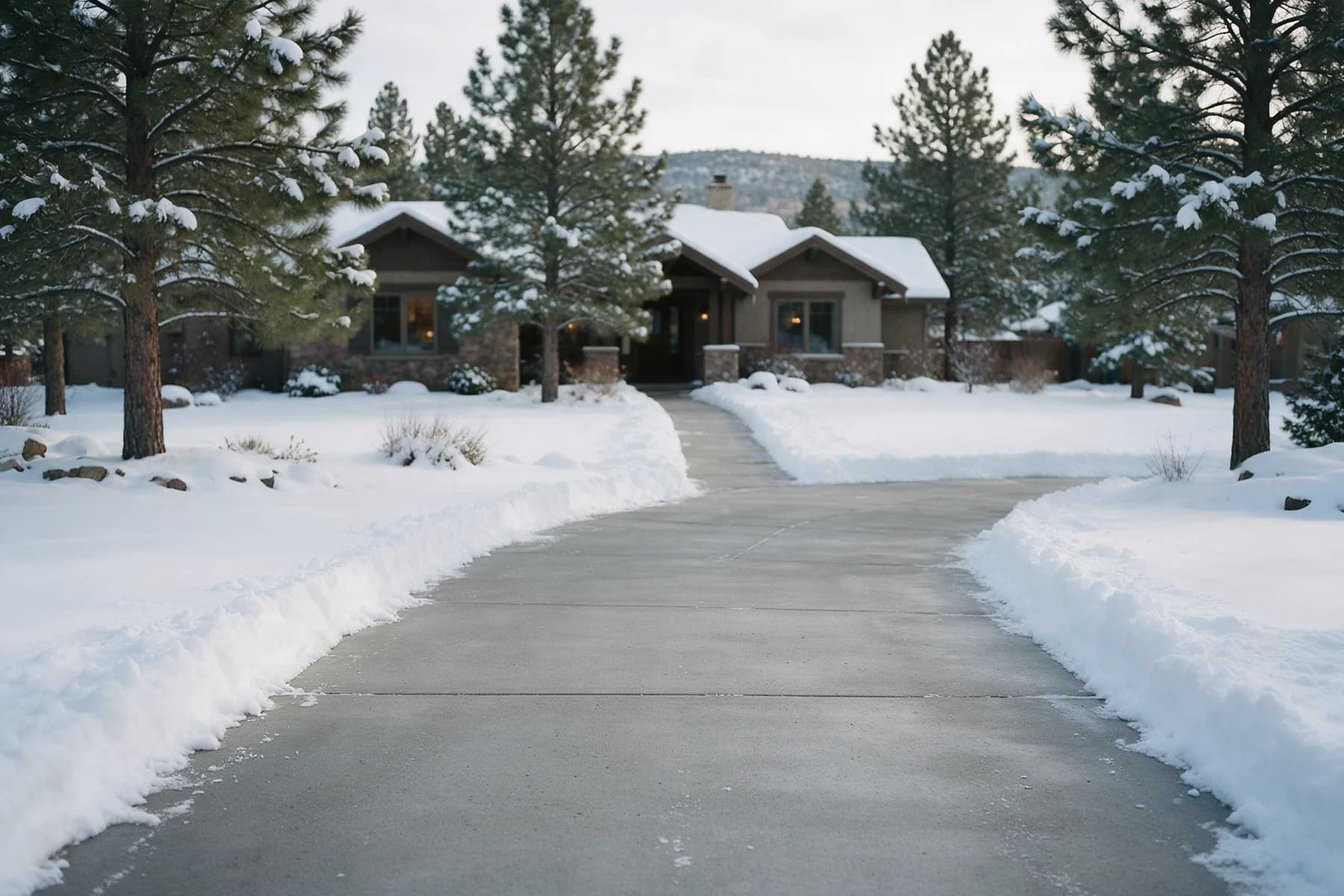 A residential concrete driveway and front walkway cleared down to bare concrete after a snowfall, snow banked along both edges, with ponderosa pines and a craftsman home behind