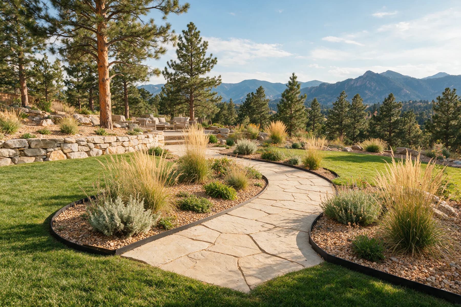 A flagstone path curving between planted beds of ornamental grasses and silver artemisia, edged by a dry-stacked stone wall, with pines and the Front Range behind