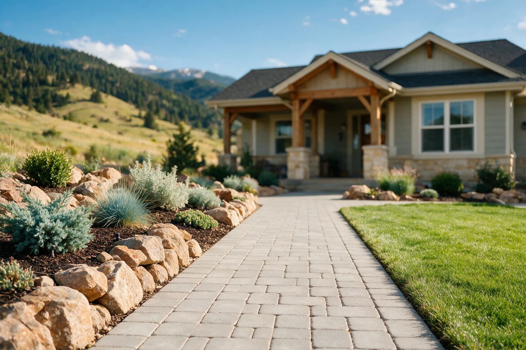 A newly laid paver walkway leading to a craftsman home, flanked by a boulder retaining wall, fresh sod and young plantings
