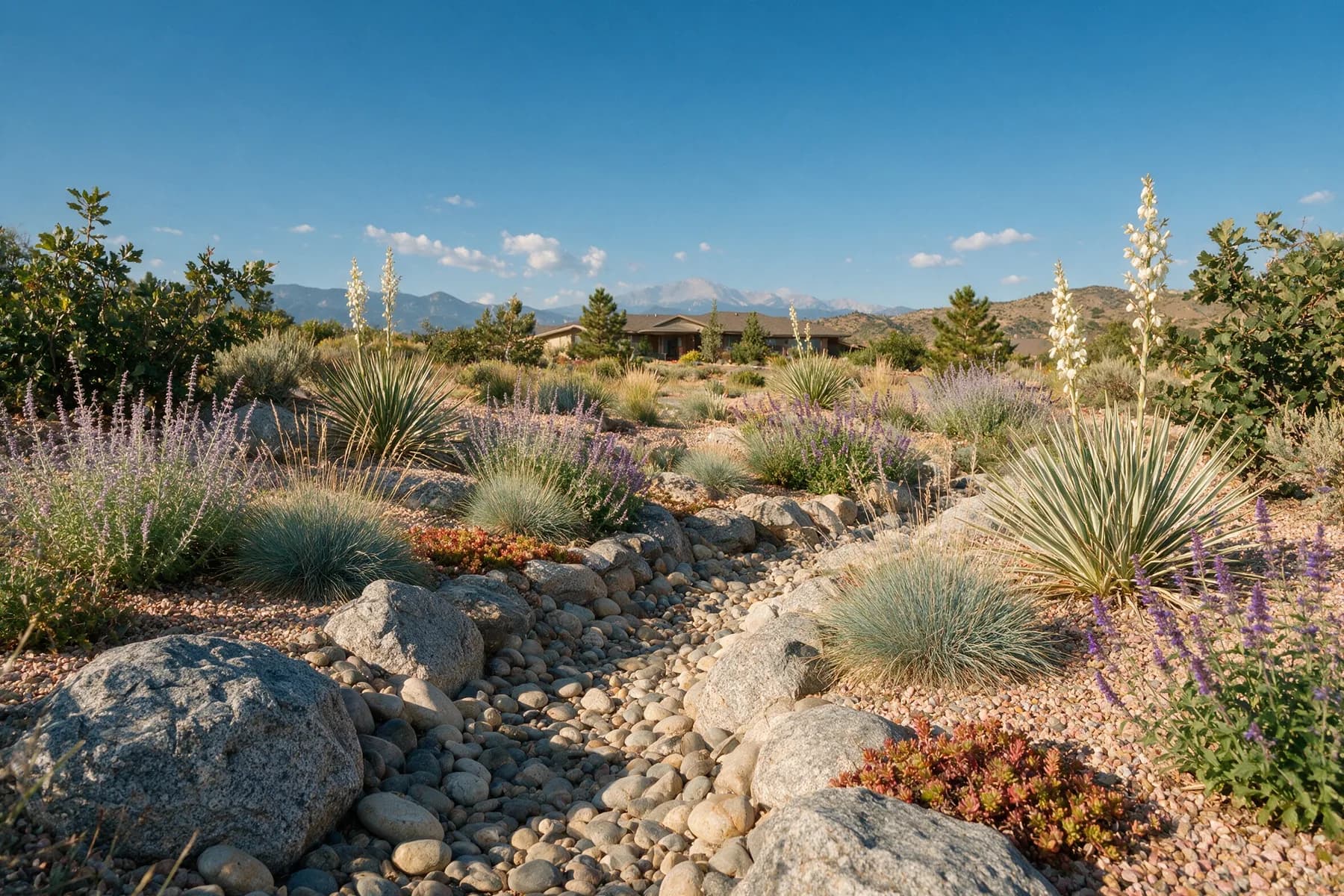 A xeriscaped yard built around a river-rock dry creek bed, planted with yucca, blue fescue and Russian sage under an open Colorado sky